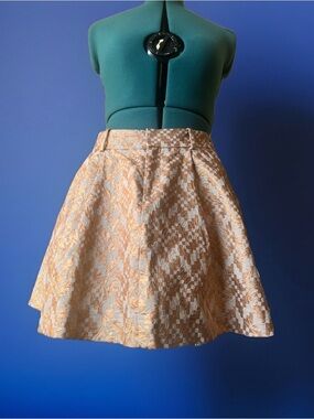 Metallic Gold A Line Tapestry Pleated Zipper Elastic mini Skirt SMALL